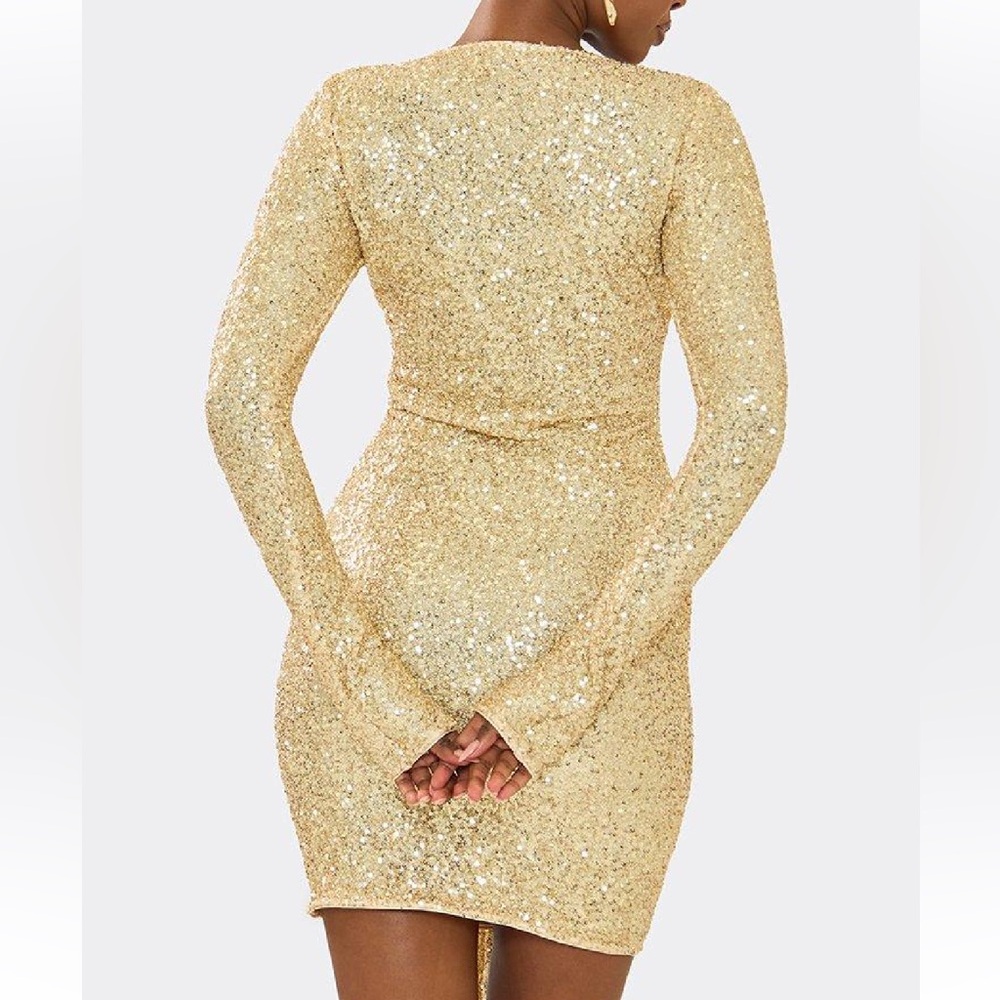Gold Sequin Long-Sleeve V-Neck Party Dress - Picture 3 of 6